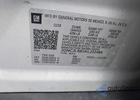 2019 Chevrolet Trax Lt из США, поврежденный, VIN 3GNCJLSB1KL232484